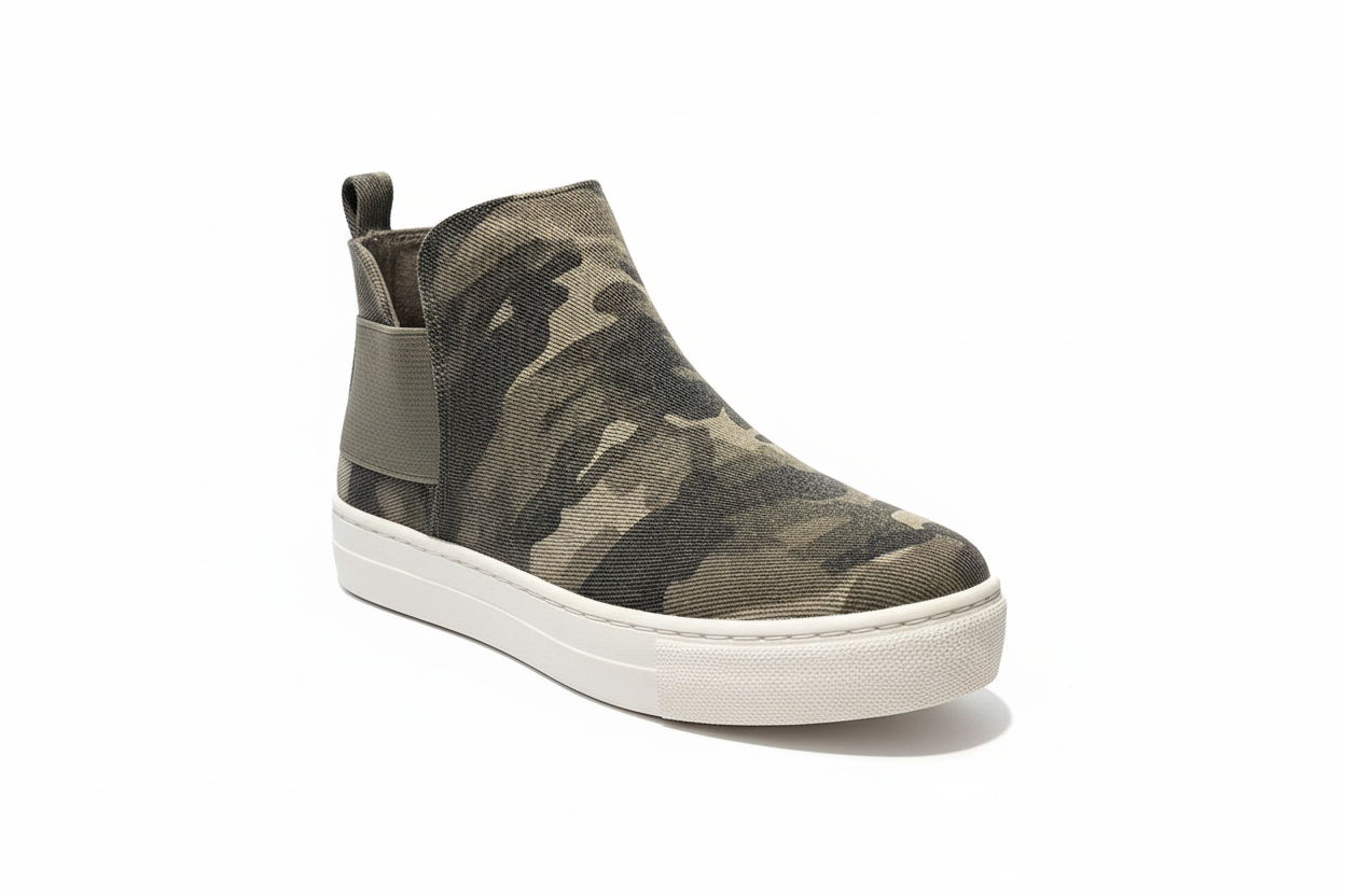 Camouflage-patterned sneaker on a white background