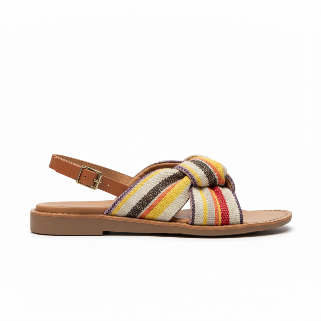Striped sandal with brown ankle strap - right foot side view