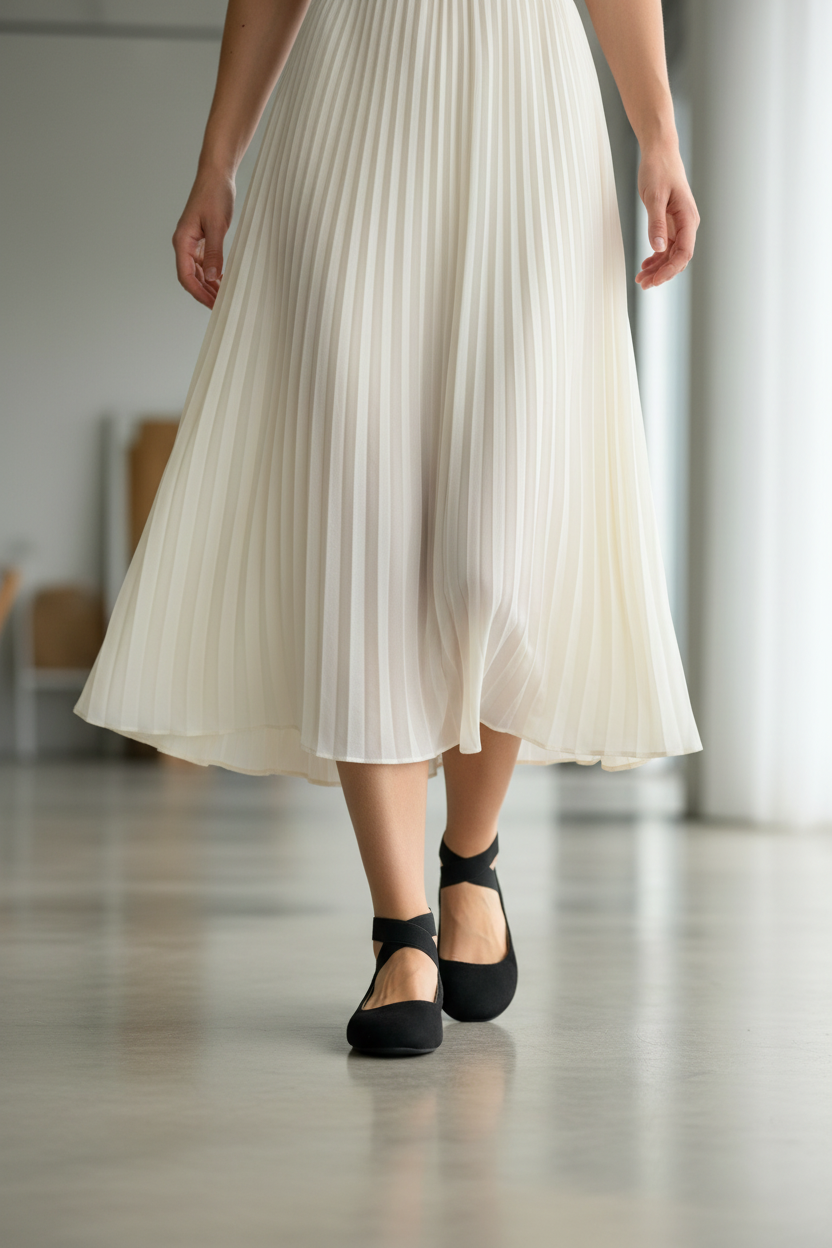 Person wearing a white pleated skirt and black shoes in an indoor setting