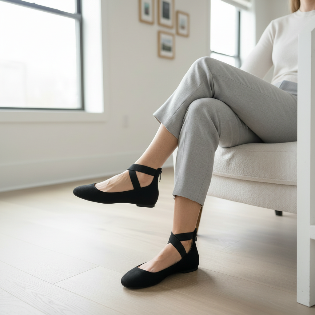 Person wearing black ballet flats with strappy details in a bright room.