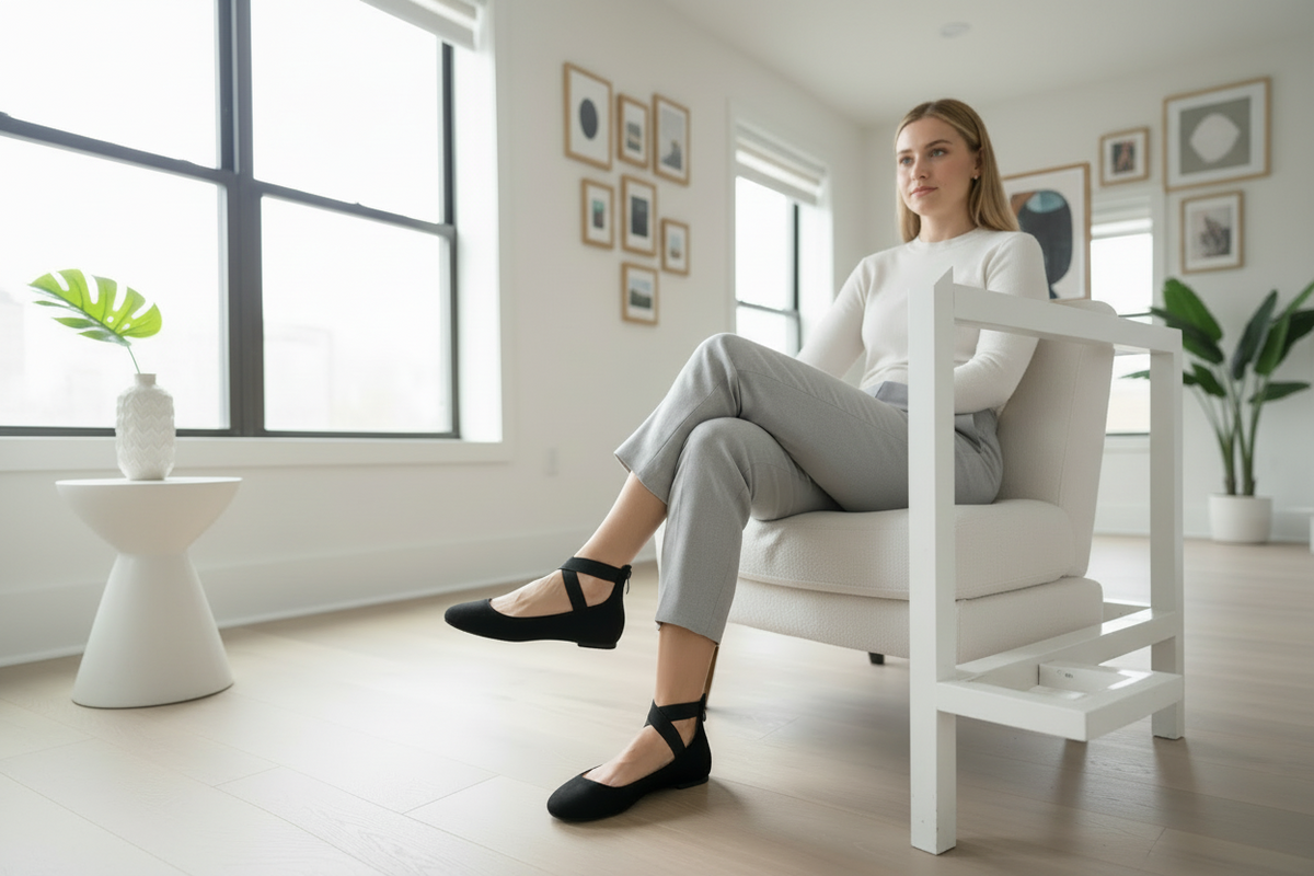 A woman sits in a white armchair in a bright, modern room, wearing a white long-sleeve top, light gray cropped pants, and black ballet flats.