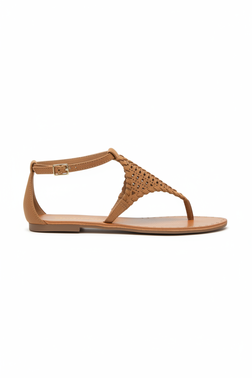 Tan sandal with woven design on a white background