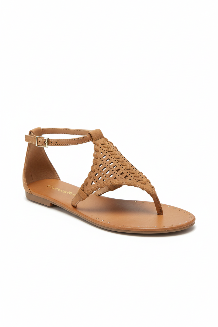 Tan sandal with woven design on a white background