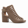Brown sandal with cut-out design and block heel on a white background