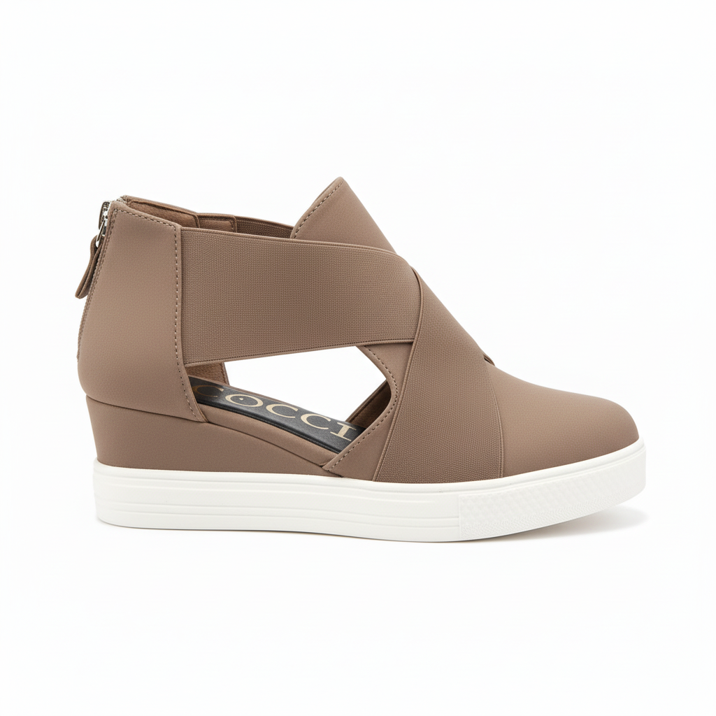 Brown wedge sandal with white sole on a white background