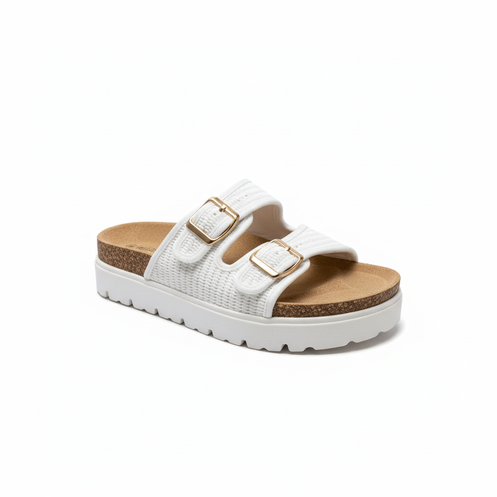White sandal with gold buckles on a white background