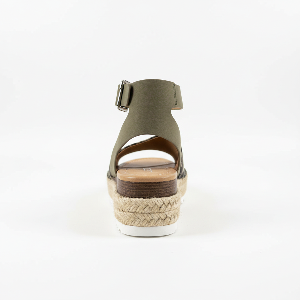 Green sandal with jute sole on a white background