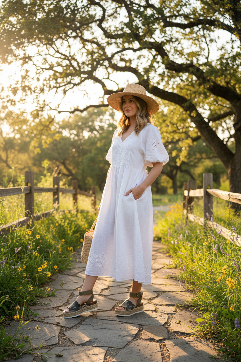 Woman in a white dress and straw hat standing on a stone path with greenery and a wooden fence in the background.
