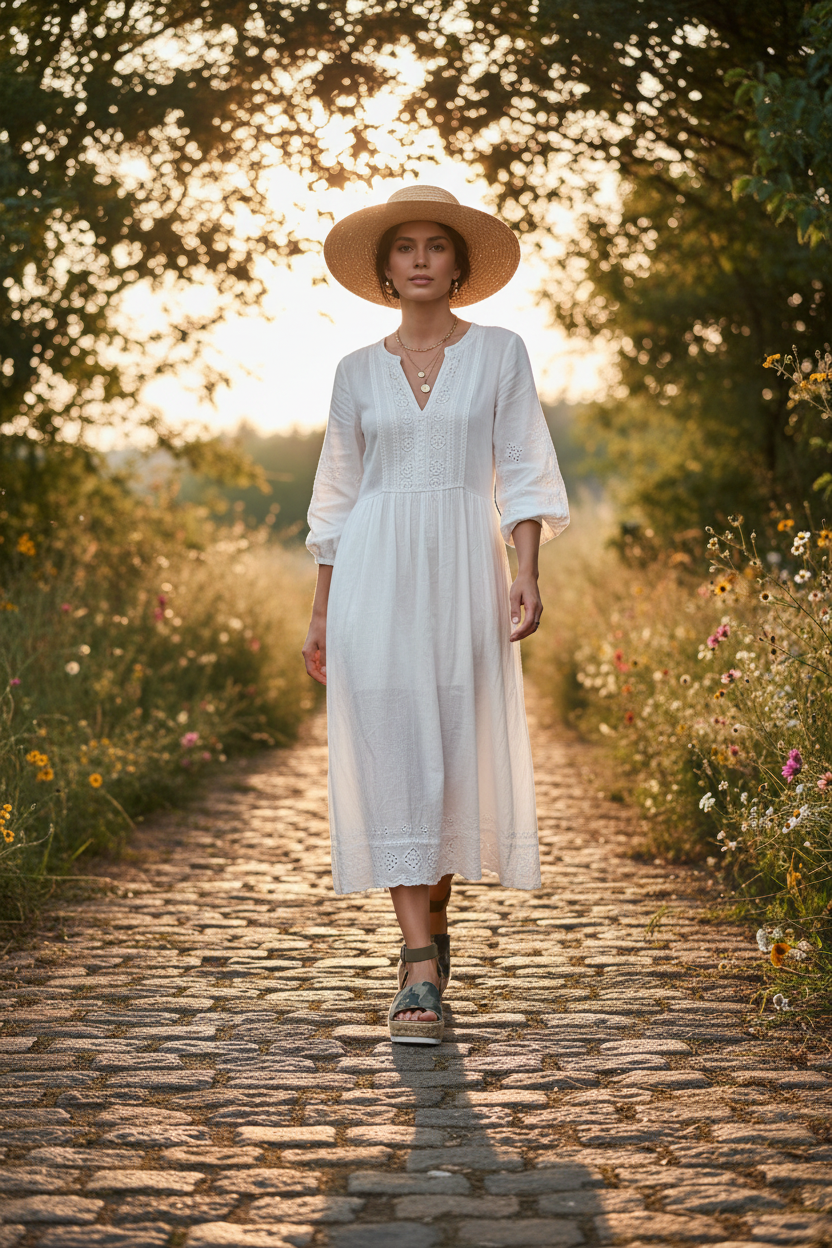 Woman in a white dress and hat standing on a cobblestone path in a sunlit forest.