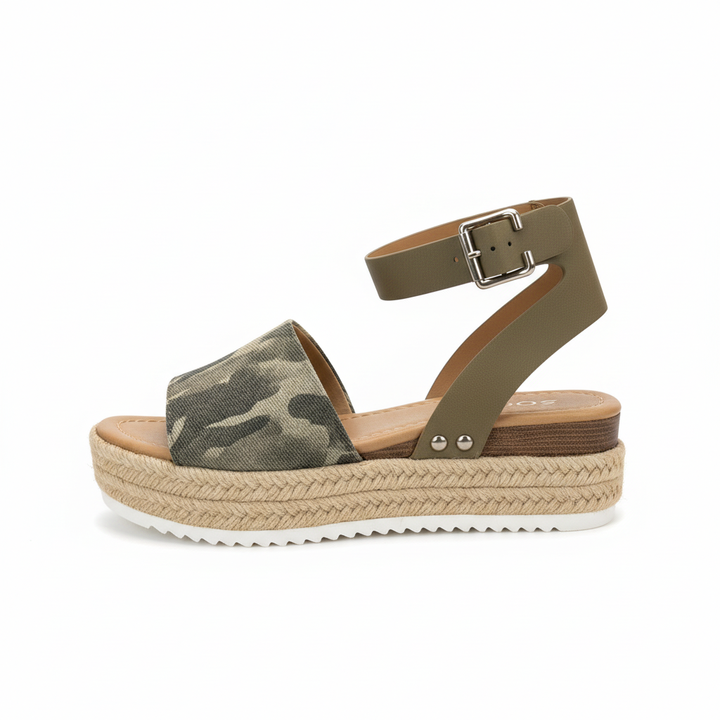 Green sandal with camouflage pattern on a white background