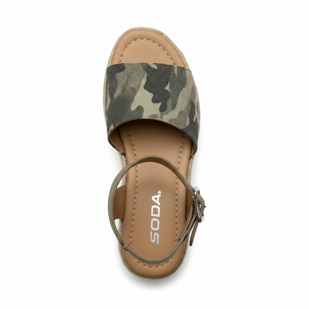 Sandal with camouflage strap and 'Soda' branding on a white background