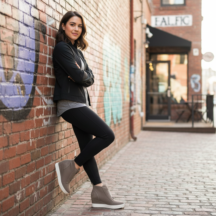 Woman leaning against a brick wall with graffiti in an urban setting
