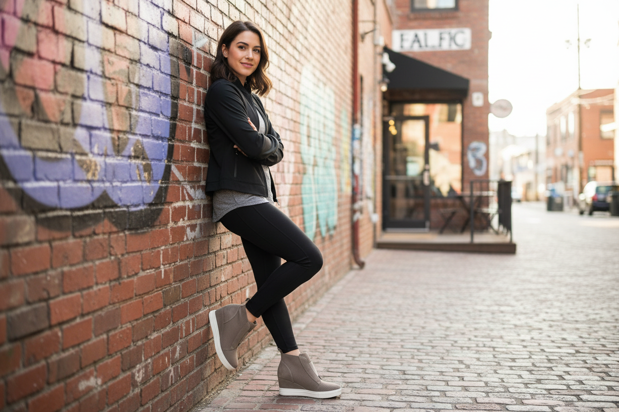 Woman leaning against a brick wall with graffiti in an urban setting