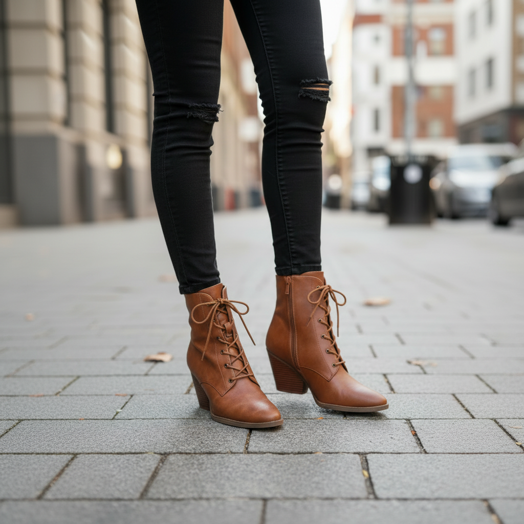 Brown lace-up boots worn with black jeans on a paved street.