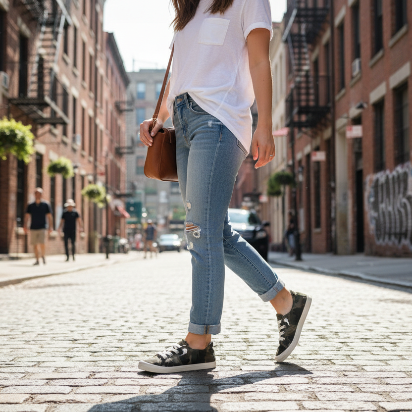 Person walking on a city street wearing a white shirt, blue jeans, and black sneakers.