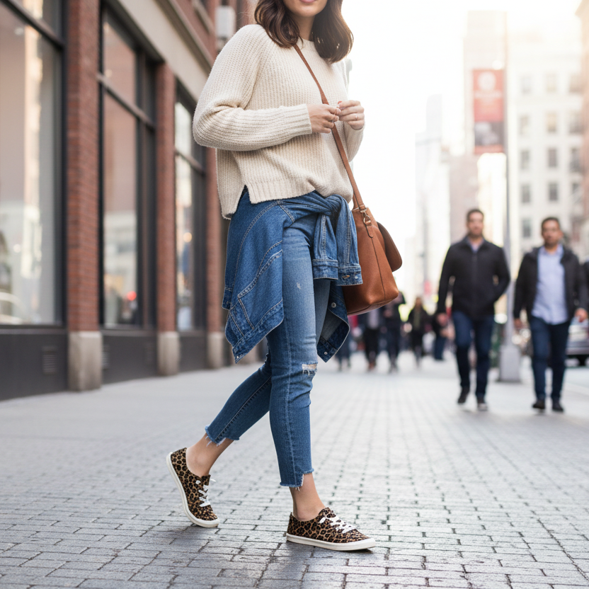 Woman walking on a city street wearing a beige sweater, blue jeans, and leopard print shoes.