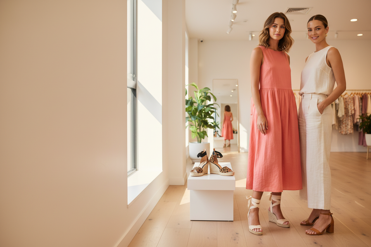 Wedges & Heels women's espadrille wedge sandals and block heel styles in jute, leopard, and neutral tones, styled in a bright boutique setting