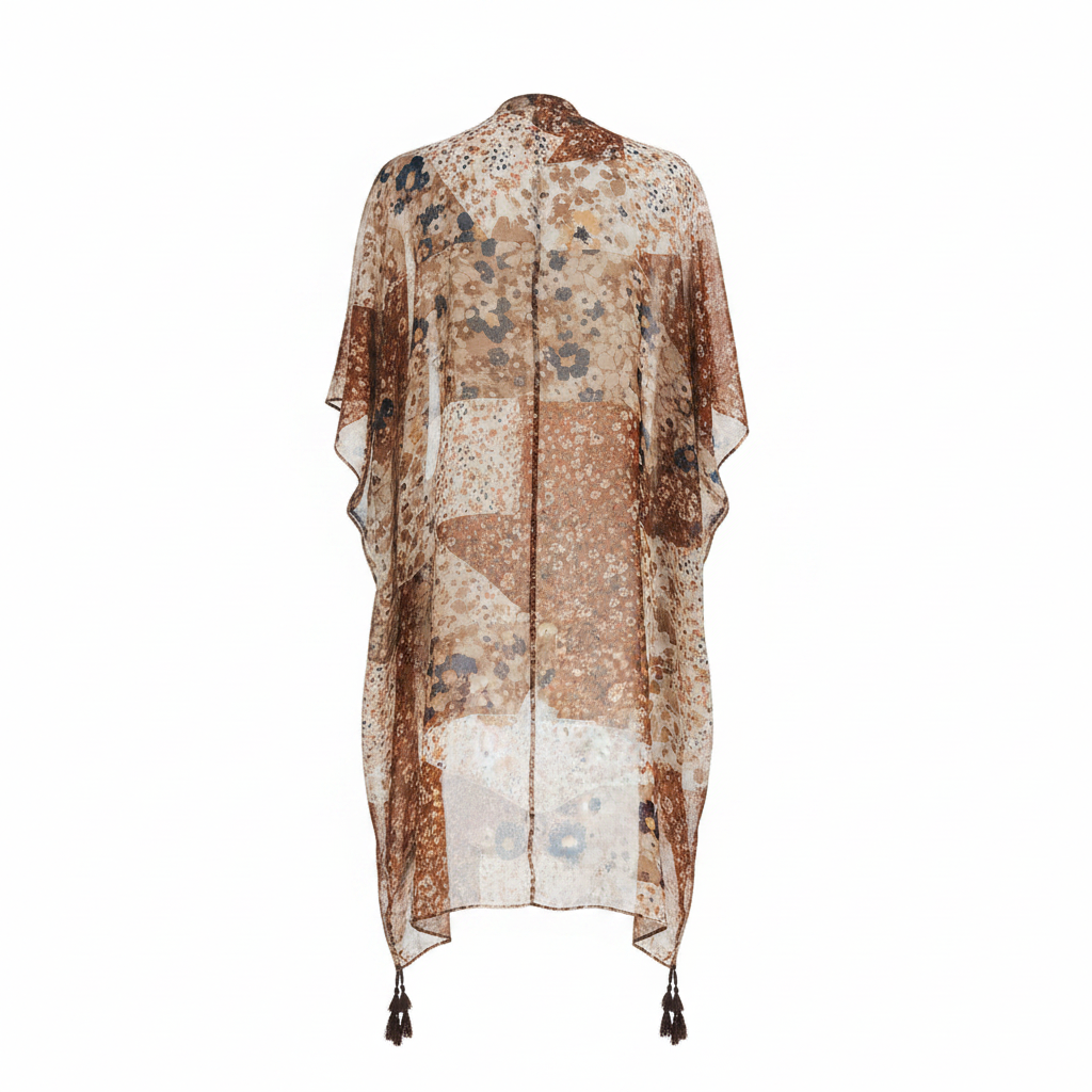 Women's brown navy floral kimono cardigan, open-front longline silhouette, lightweight woven, one-size back view