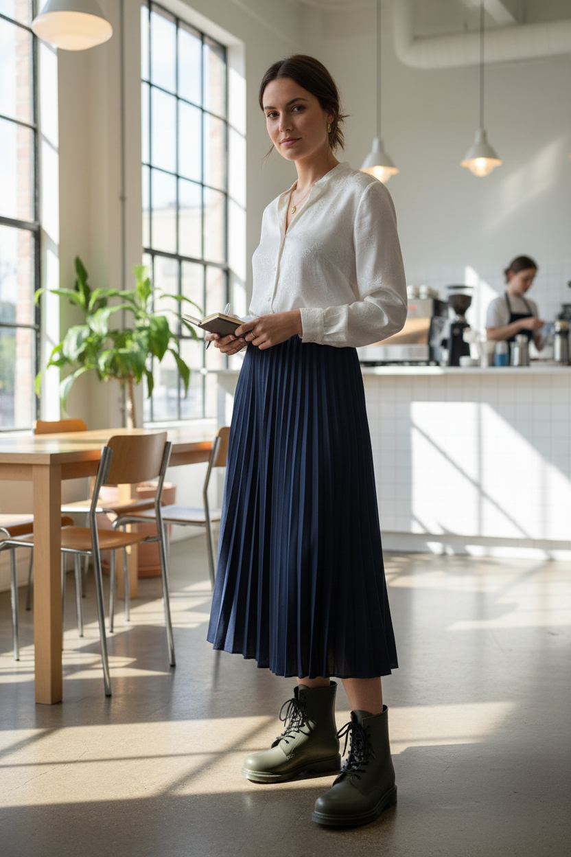 Woman in a white shirt and blue pleated skirt standing in a modern kitchen.