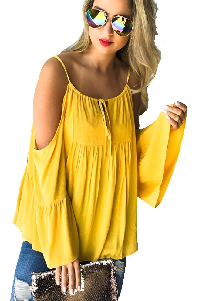 Adjustable Strap Off Shoulder Bell Sleeve Yellow Top