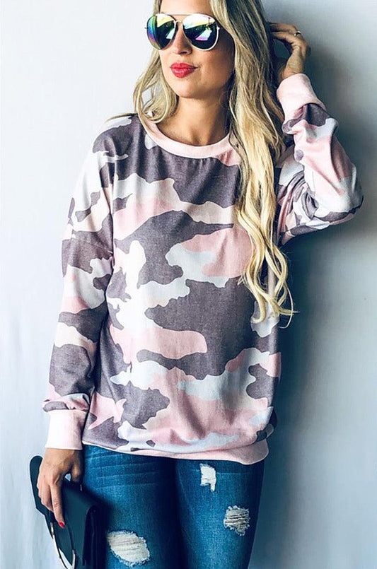 Camo Print Casual Long Sleeve Top - Shirts & Tops - BellanBlue