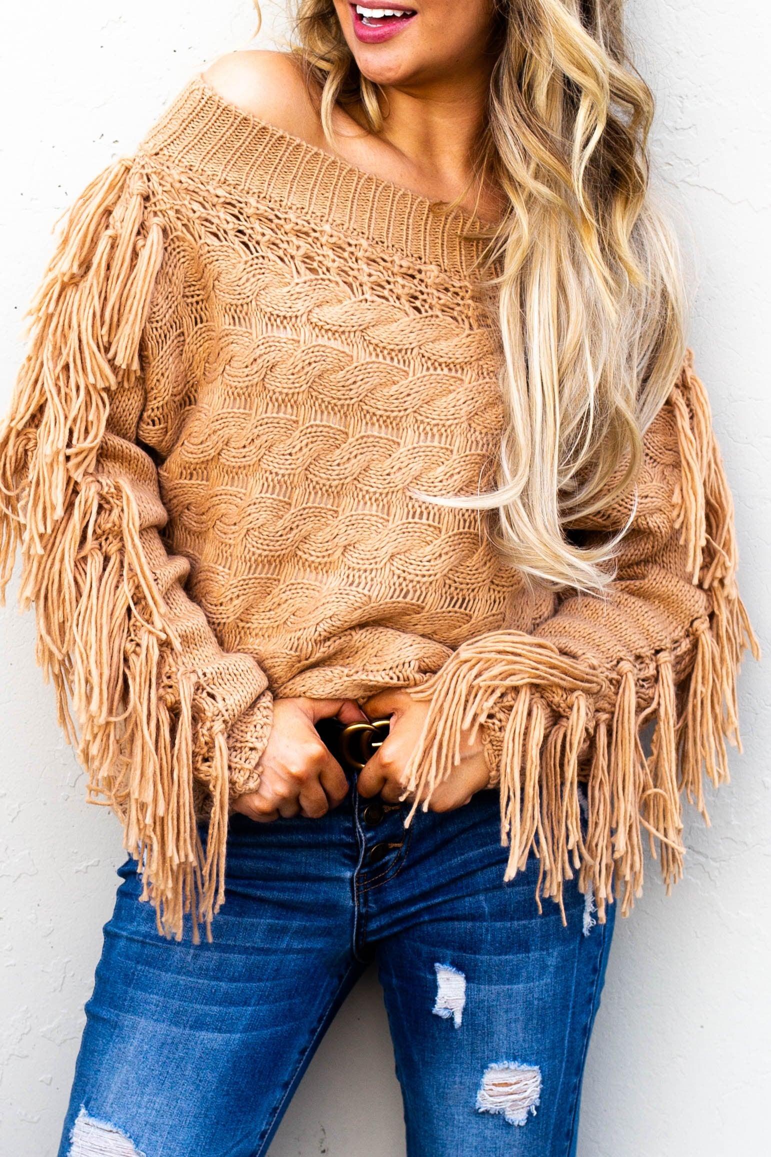 Chic Tassel Detail Sleeve Off Shoulder Pullover Sweater - Pullovers - BellanBlue