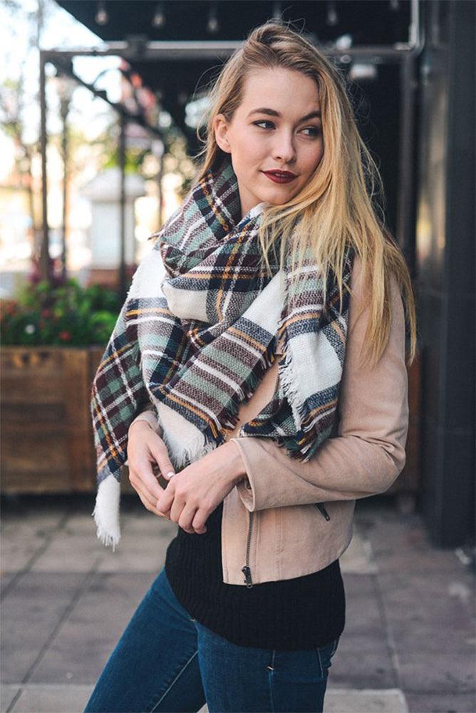 Leto Collection women's Multicolor Leto Collection Oversized Plaid Fringe Blanket Scarf product view on model