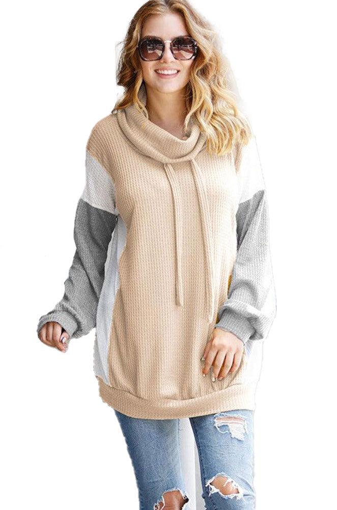 Color Block Long Sleeve Mock Neck Top with Drawstrings - Shirts & Tops - BellanBlue