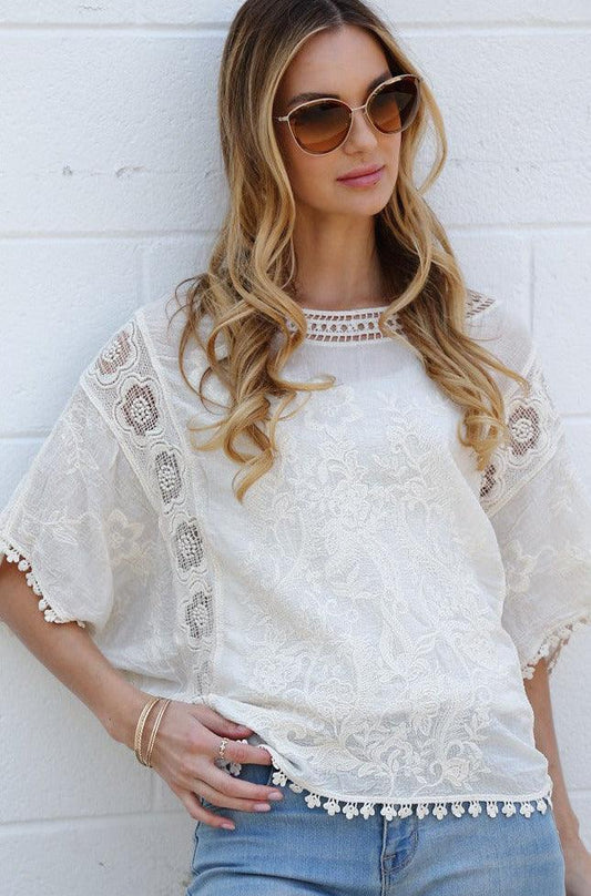 Embroidered Lace Cutout Back Top - Shirts & Tops - BellanBlue