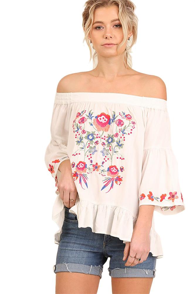 Embroidered Off Shoulder Top - Shirts & Tops - BellanBlue