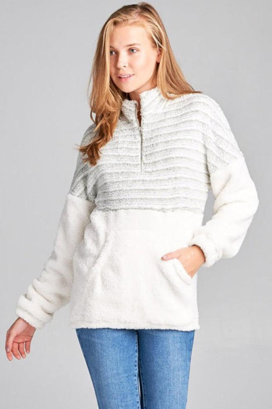 Faux Shearing Collared  Front Zipper Pocket Detail Sweatshirt - Pullovers - BellanBlue