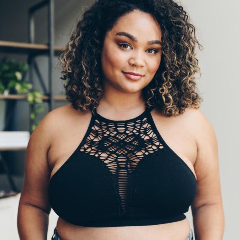 Leto Women's Black Plus Size Crochet Halter Crop Bralette with seamless construction shown on a flat surface