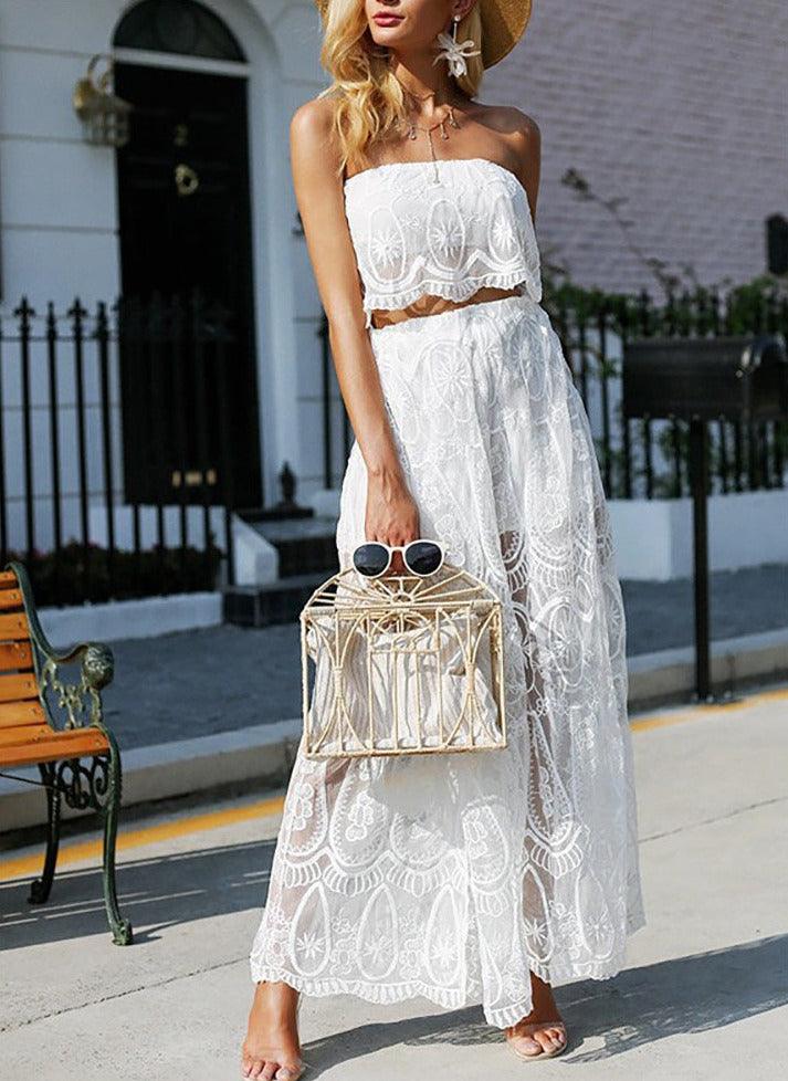 Floral Lace Two Piece Off Shoulder Sleeveless Pant Set - Pants - BellanBlue
