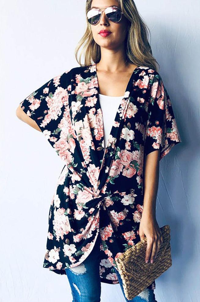 Floral Printed Front Cross Tunic Casual Top - Shirts & Tops - BellanBlue