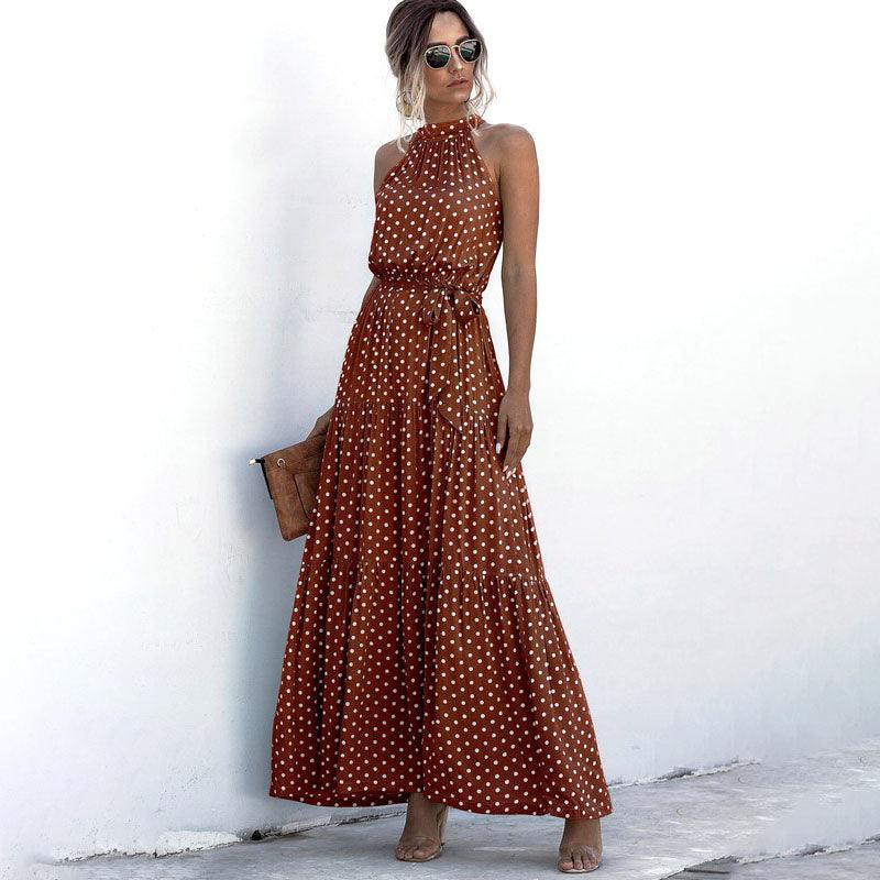 Gorgeous Halter Tiered White Pot-A-Dot Brown Maxi Dress - Dresses - BellanBlue