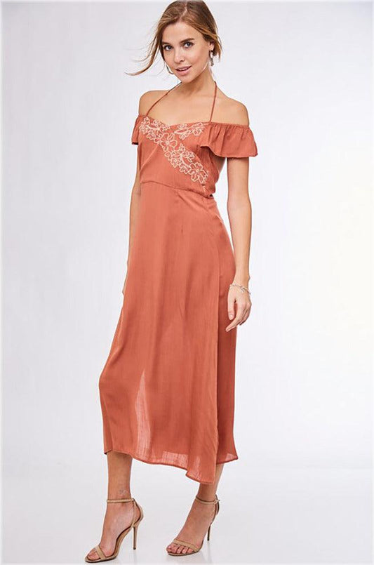 Halter Pleated Embroidered Off Shoulder Maxi Dress - Dresses - BellanBlue