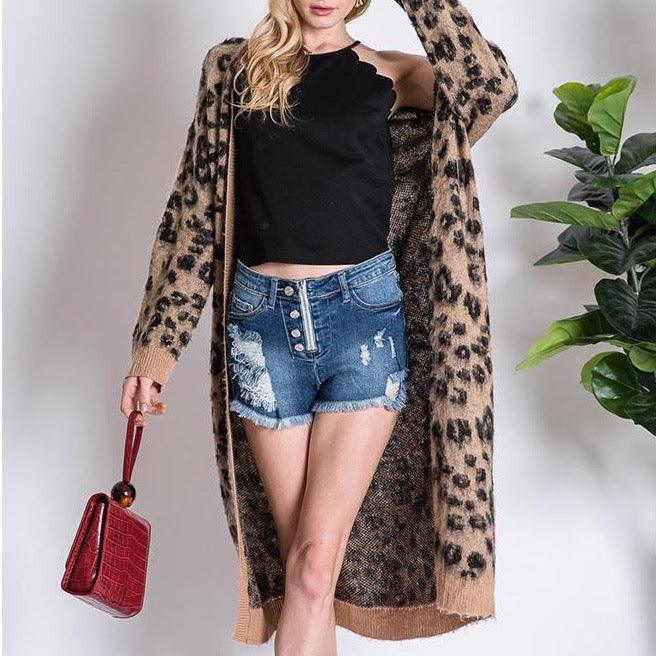 Leopard Animal Long Open Sweater Cardigan - Cardigans - BellanBlue