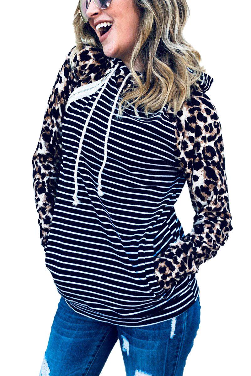 Leopard Stripe Double Hood Zipper Hoodie - Pullovers - BellanBlue