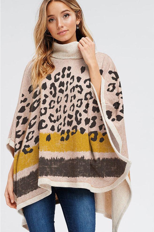 Leopard Stripe Turtle Neck Poncho Top - Shirts & Tops - BellanBlue