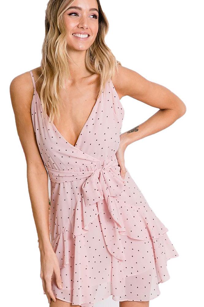 Light Pink Women's Surplice Wrap Dress Cami Dress with Polka Dots - Dresses - BellanBlue