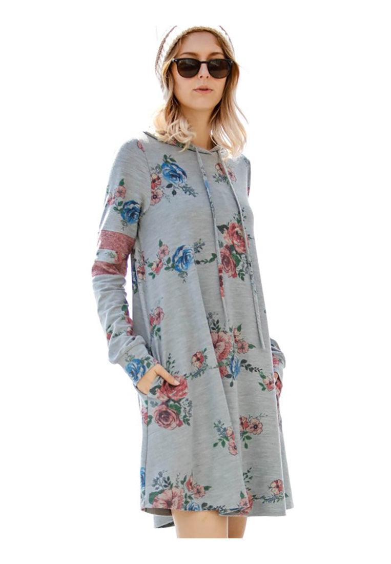 Long Sleeve Color Stripe Floral Hoodie Shirt Dress - Dresses - BellanBlue