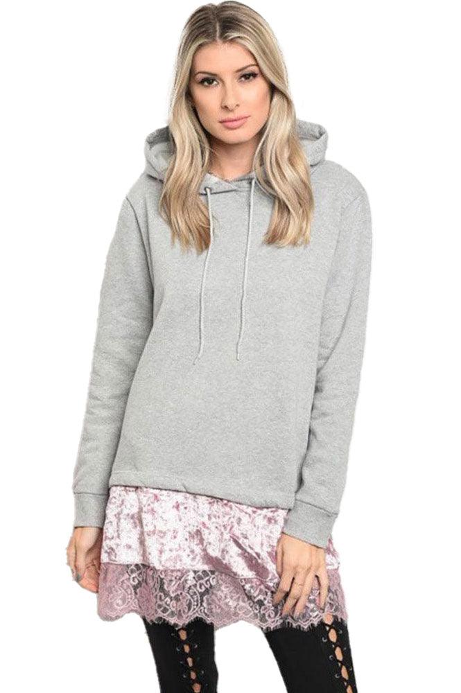 Long Sleeve Lace Velvet Trim Hood Tunic Sweater - Pullovers - BellanBlue
