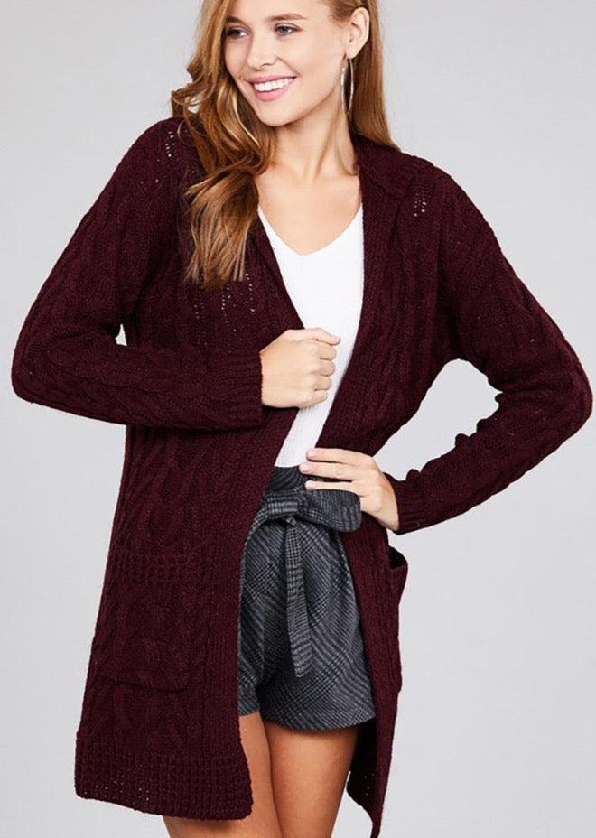 Long Sleeve Open Front Hoodie Cable Cardigan - Cardigans - BellanBlue