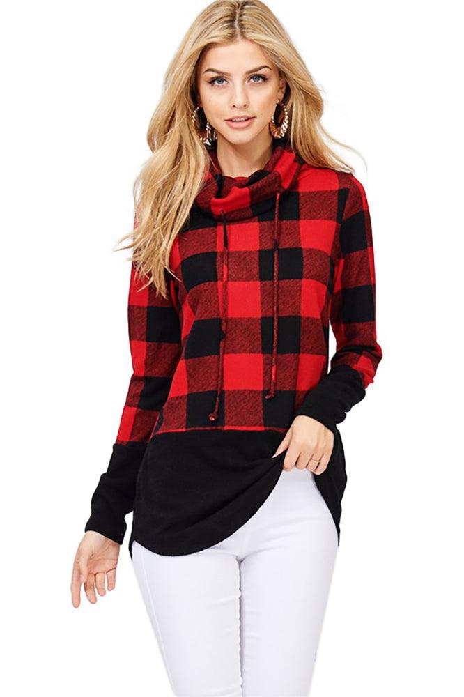 Long Sleeve Plaid Knit Cowl Neck Sweater - Pullovers - BellanBlue