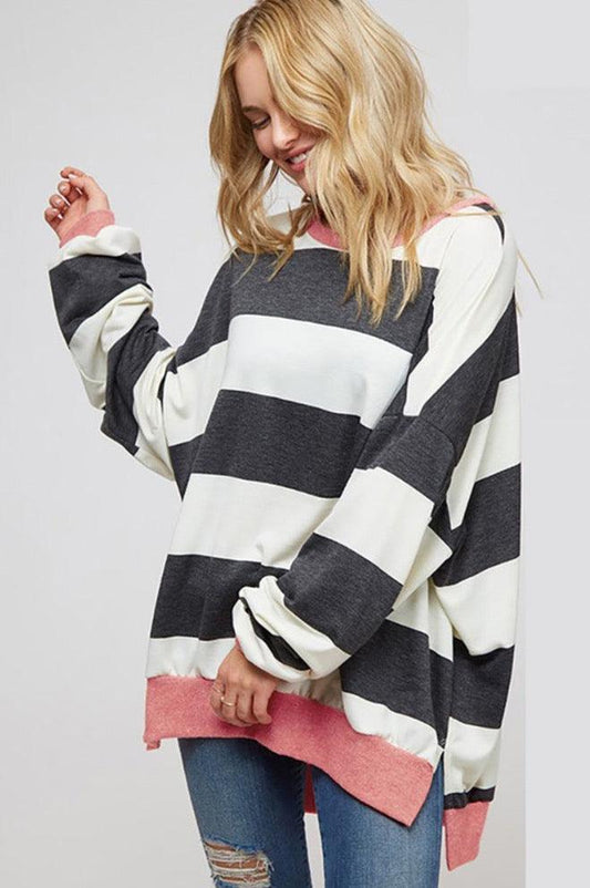 Long Sleeve Wide Stripe Contrast Sweatshirt Top - Pullovers - BellanBlue