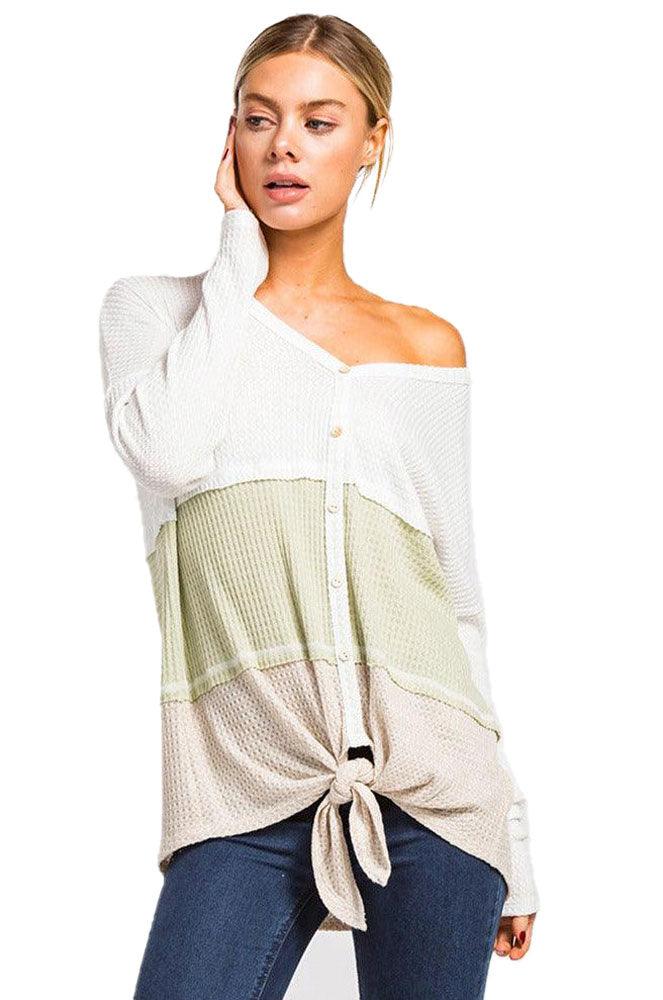 Long Sleeves Color Block Button-Down Thermal Top - Shirts & Tops - BellanBlue