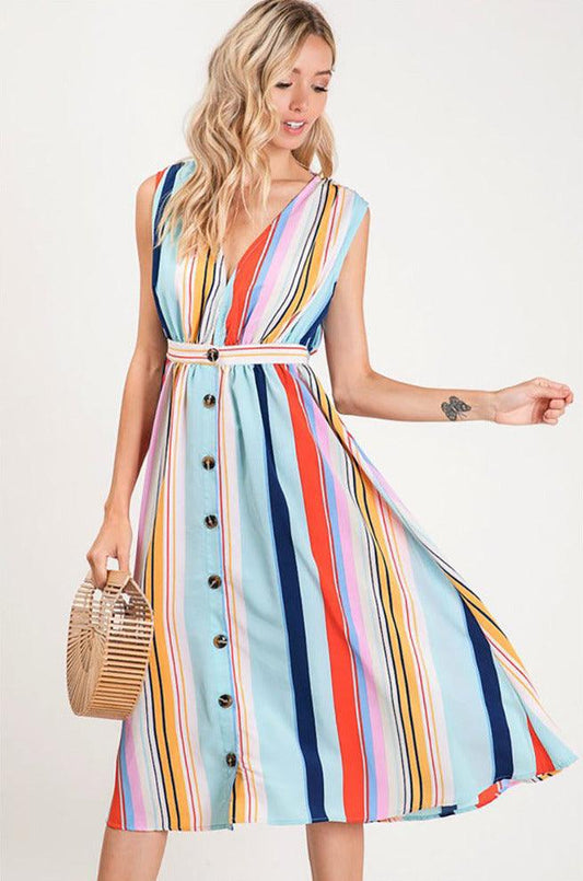 Multi Color Variegated Stripe Sleeveless Dress - Dresses - BellanBlue