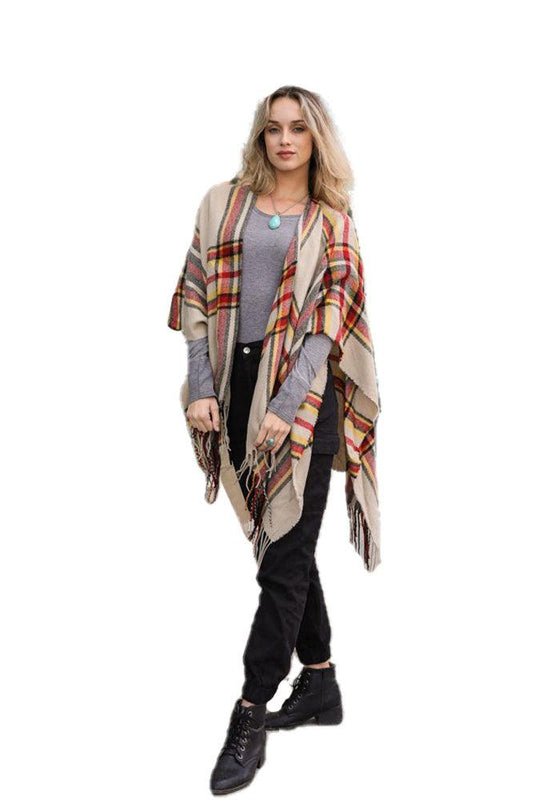 Open Sleeve Classic Plaid Ruana - Scarves & Shawls - BellanBlue