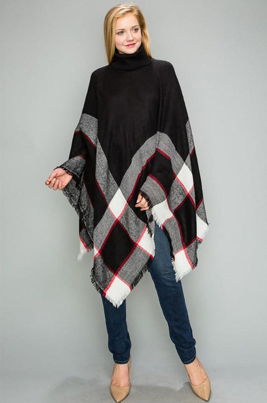 Plaid Turtleneck Pullover Poncho Top - Shirts & Tops - BellanBlue
