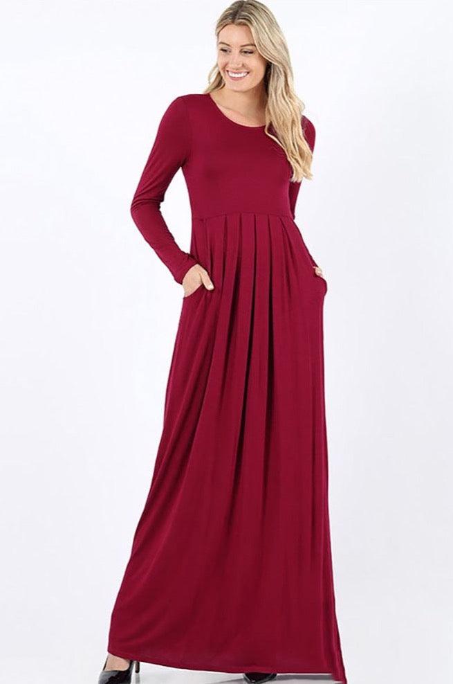 Pleated Waist Long Sleeve Dress with Side Pockets - Dresses - BellanBlue